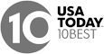 The image is a logo featuring "10" inside a circle and the text "USA TODAY 10BEST" to the right, all in grayscale.