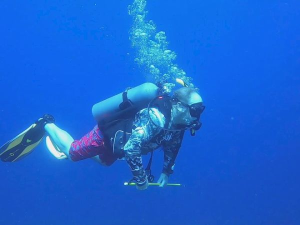 A scuba diver underwater, equipped with a tank and fins, is surrounded by blue ocean and rising bubbles.